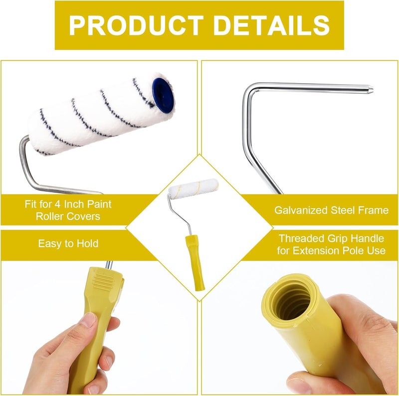 Tolare 4 Inch Paint Roller Frame, Paint Roller Handle with Plastic Threaded Grip Handle, Roller Frame Fits for 4" Mini Roller, Mini Roller Frame Can Use for Extension Pole - Yellow, Pack of 15 - Image 3